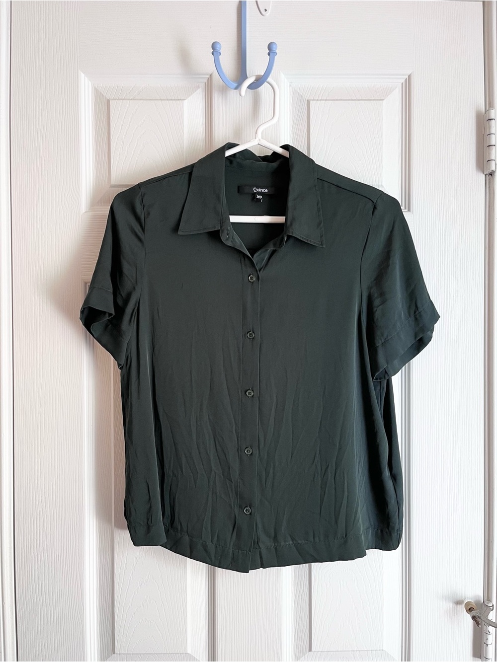 Quince Green Washable Stretch Silk Short Sleeve Blouse